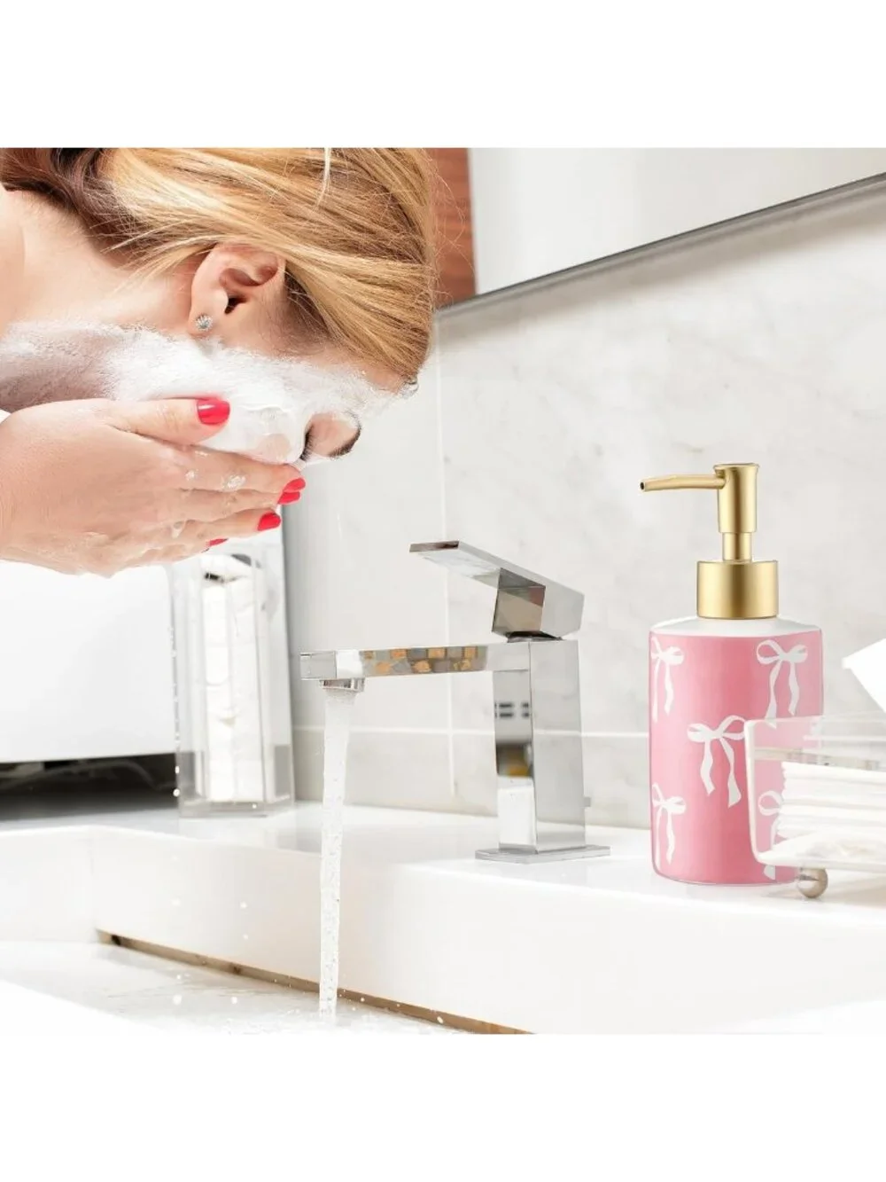 Cute Pink Bow Soap Dispenser - Ceramic Hand Pump, Rust-Proof, Preppy Bathroom